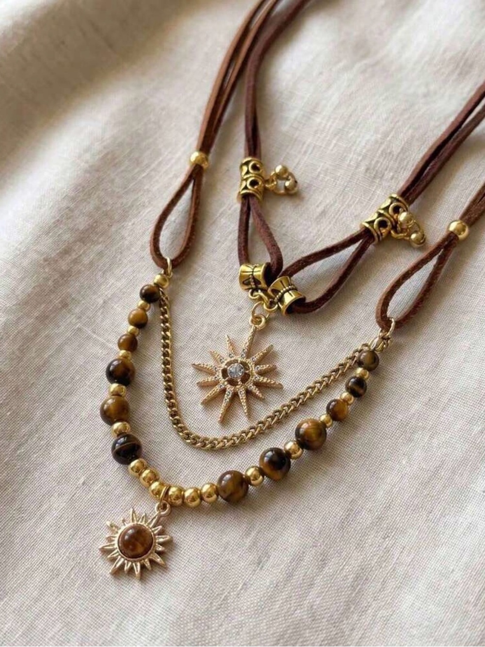 Gold and Brown Layered Sun Pendant Necklace - Women Jewelry